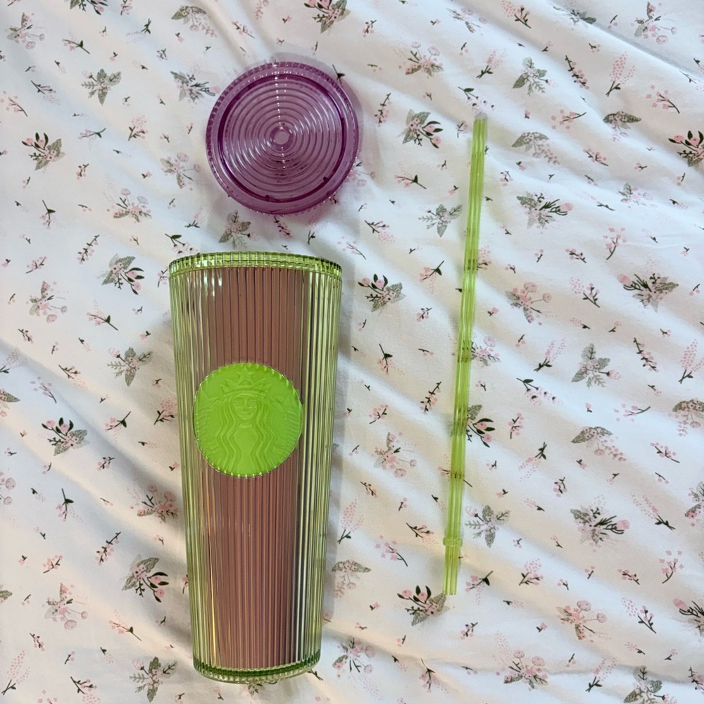 Starbucks Translucent Green Tumbler with Purple Lid and Green Straw